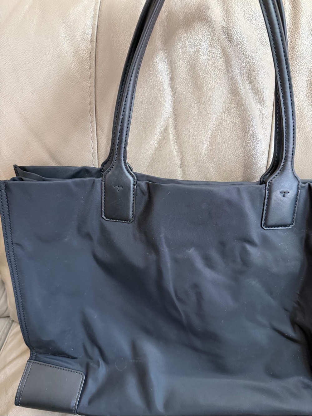 Tory Burch Black Nylon Logo Tote with Leather Trim - Picture 3 of 5